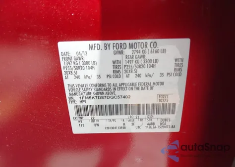 2013 Ford Explorer Xlt from USA, damaged, VIN 1FM5K7D87DGC57402